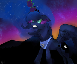Size: 3000x2500 | Tagged: dead source, safe, artist:kmitangol, princess luna, alicorn, pony, g4, dark magic, female, frown, gritted teeth, high res, jewelry, magic, mare, peytral, solo, sombra eyes, spread wings, stars, tiara