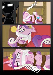Size: 800x1131 | Tagged: safe, artist:radiantrealm, princess cadance, pony, g4, bondage, bound, cloth gag, comic, crying, female, gag, help, muffled words, rope, show accurate