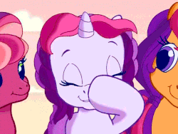 Size: 640x480 | Tagged: safe, screencap, cheerilee (g3), scootaloo (g3), sweetie belle (g3), pony, unicorn, g3, g3.5, twinkle wish adventure, animated, female, horn, male, wiping