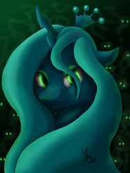 Size: 1024x1365 | Tagged: dead source, safe, artist:eternalsubscriber, queen chrysalis, changeling, changeling queen, g4, crown, female, floppy ears, glowing eyes, jewelry, regalia, smiling, solo
