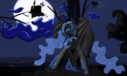 Size: 2156x1292 | Tagged: safe, artist:sallycars, discord, king sombra, lord tirek, nightmare moon, queen chrysalis, sunset shimmer, g4, cloud, moon, spread wings, sunset satan, tree