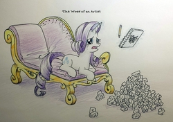 Size: 1462x1030 | Tagged: safe, artist:yo-yall, rarity, pony, unicorn, g4, crying, fainting couch, female, levitation, magic, mare, paper, prone, sketchbook, telekinesis, text, traditional art