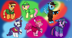 Size: 3416x1800 | Tagged: safe, artist:apple-707, applejack, fluttershy, pinkie pie, rainbow dash, rarity, twilight sparkle, pony, g4, bipedal, clothes, dress, fashion, feather, flapper, gun, hat, mane six, weapon