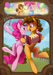 Size: 1024x1448 | Tagged: safe, artist:elbdot, boneless, cheese sandwich, pinkie pie, earth pony, pony, accordion, balloon, cheesepie, colt, confetti, cute, diacheeses, diapinkes, female, filly, filly pinkie pie, foal, glasses, grin, looking at each other, looking at someone, male, mare, musical instrument, open mouth, open smile, raised hoof, rubber chicken, shipping, signature, smiling, stallion, straight, tree, underhoof, younger