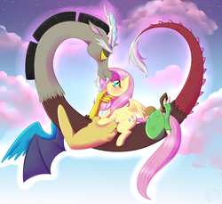 Size: 1700x1554 | Tagged: safe, artist:meb90, discord, fluttershy, g4, female, male, pink cloud, ship:discoshy, shipping, sky, straight