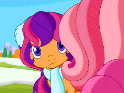 Size: 640x480 | Tagged: safe, screencap, cheerilee (g3), pinkie pie (g3), rainbow dash (g3), scootaloo (g3), toola-roola, earth pony, pony, g3, g3.5, twinkle wish adventure, :p, angry, animated, blinking, clothes, cute, eye contact, female, filly, frown, g3 cutealoo, head tilt, hot air balloon, leaning, looking at each other, raspberry, scarf, silly, sisters, tongue out