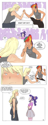 Size: 1280x3333 | Tagged: safe, artist:demdoodles, applejack, rainbow dash, rarity, human, g4, arm wrestling, blushing, female, hair tie, high ponytail, humanized, lesbian, ponytail, scene interpretation, ship:rarijack, shipping