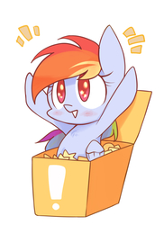 Size: 1000x1375 | Tagged: safe, artist:joycall6, rainbow dash, pegasus, pony, g4, blushing, box, exclamation point, female, mare, pony in a box, simple background, solo, starry eyes, white background, wingding eyes