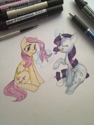 Size: 1024x1365 | Tagged: safe, artist:rflzqt, fluttershy, rarity, pegasus, pony, unicorn, g4, duo, female, mare, marker, marker drawing, simple background, traditional art, white background