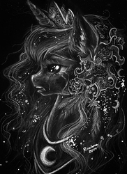 Size: 600x826 | Tagged: safe, artist:arnne, princess luna, alicorn, pony, g4, bust, crying, featured image, female, fluffy, frown, monochrome, open mouth, portrait, profile, sad, solo, traditional art