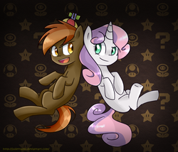 Size: 1024x878 | Tagged: safe, artist:jayivee, button mash, sweetie belle, earth pony, pony, unicorn, g4, ? block, buttonbetes, colt, cute, diasweetes, female, filly, fire flower, male, super mario bros., super mushroom, super star