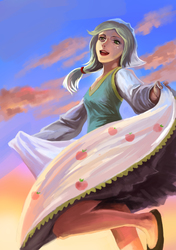 Size: 1748x2480 | Tagged: safe, artist:tiger-type, applejack, human, g4, clothes, dancing, dress, female, humanized, smiling, solo