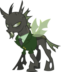 Size: 2335x2756 | Tagged: safe, artist:duskthebatpack, oc, oc only, oc:ruse, changeling, clothes, frown, glare, goatee, green changeling, high res, necktie, old, simple background, solo, suit, transparent background, vector