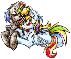 Size: 1013x843 | Tagged: safe, artist:php166, oc, oc only, oc:kaleidoscope star, oc:sterling spectrum, pegasus, pony, unicorn, art trade, couple, female, horn, male, mare, oc x oc, rainbow, rainbow hair, stallion, wings