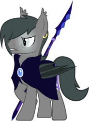 Size: 2453x3332 | Tagged: safe, artist:duskthebatpack, oc, oc only, oc:silver specter, bat pony, pony, armor, cloak, clothes, earring, frown, glare, glowing eyes, gritted teeth, high res, male, night guard, solo, spear, stallion, weapon