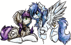 Size: 1397x886 | Tagged: safe, artist:php166, oc, oc only, oc:rain cloud, oc:shade crusher, earth pony, pegasus, pony, art trade, chains, collar, cutie mark, female, flying, hat, headphones, male, mare, oc x oc, shipping, stallion, stitched body, stitches, wings