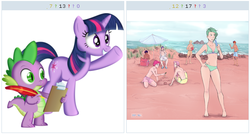 Size: 513x274 | Tagged: safe, artist:demdoodles, artist:plsim, spike, twilight sparkle, derpibooru, g4, barb, exploitable meme, juxtaposition, juxtaposition win, meme, meta, rule 63