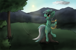 Size: 1280x853 | Tagged: safe, artist:marsminer, lyra heartstrings, pony, unicorn, g4, hoof hold, lyre, morning, music, musical instrument, sitting, smiling, sunrise, tree, tree stump