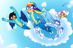 Size: 900x600 | Tagged: safe, artist:ruhianna, angel bunny, fluttershy, rainbow dash, oc, human, g4, clothes, flying, humanized, sweatershy, winged humanization, wings, wonderbolts uniform, yay