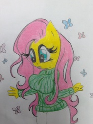 Size: 720x960 | Tagged: safe, artist:cherubisous, fluttershy, anthro, g4, breasts, busty fluttershy, clothes, female, sweatershy