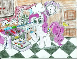 Size: 3304x2544 | Tagged: safe, artist:slvrsnake925, derpy hooves, pinkie pie, pegasus, pony, g4, cake, chef's hat, clock, cooking, female, hat, high res, mare, oven, traditional art