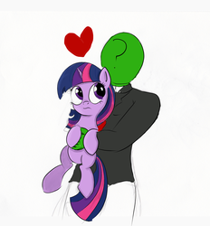 Size: 1661x1790 | Tagged: artist needed, safe, twilight sparkle, oc, oc:anon, human, pony, unicorn, g4, duo, frown, heart, holding a pony, hug, simple background, unicorn twilight, white background