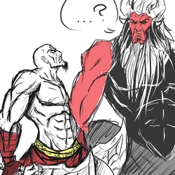 Size: 2000x2000 | Tagged: source needed, safe, artist:burnoid096, lord tirek, centaur, human, g4, crossover, god of war, high res, horns, imminent death, kratos, this will end in death, tirek is doomed