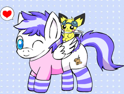 Size: 377x287 | Tagged: safe, artist:pichu90, oc, oc only, pegasus, pichu, pony, abstract background, clothes, dressup, duo, pokémon, pokémon riding ponies, riding, socks, striped socks