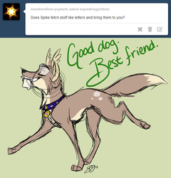 Size: 1280x1332 | Tagged: safe, artist:probablyfakeblonde, spike, dog, equestria gardens, g4, collar, dog collar, eyes closed, fetch, good dog best friend, green background, grin, homestuck, meme, mouth hold, simple background, smiling, species swap, spike the dog