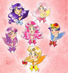 Size: 1500x1612 | Tagged: safe, artist:karynironsides, applejack, fluttershy, pinkie pie, rainbow dash, rarity, twilight sparkle, human, g4, humanized, mane six, portrait, sailor moon (series)