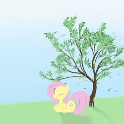 Size: 2000x2000 | Tagged: safe, artist:burnoid096, fluttershy, pegasus, pony, g4, female, grass, high res, leaves, sky, solo, tree