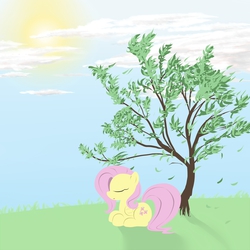 Size: 2000x2000 | Tagged: safe, alternate version, artist:burnoid096, fluttershy, pegasus, pony, g4, cloud, cloudy, female, high res, leaves, sky, solo, sun, tree