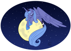 Size: 875x634 | Tagged: safe, artist:jenasu, princess luna, alicorn, pony, g4, atg 2011, eyes closed, female, moon, newbie artist training grounds, s1 luna, smiling, solo, space, spread wings, tangible heavenly object, wings