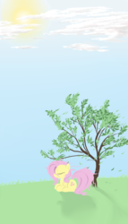 Size: 2000x3500 | Tagged: safe, alternate version, artist:burnoid096, fluttershy, pegasus, pony, g4, cloud, cloudy, eyes closed, female, high res, sky, solo, tree, wind