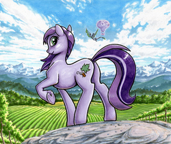 Size: 894x753 | Tagged: safe, artist:choedan-kal, oc, oc only, oc:cork dork, oc:riftwing, dragon, earth pony, pony, blushing, butt, butt tail, earth pony oc, female, hot air balloon, looking at you, looking back, mare, mountain, mountain range, plot, raised hoof, scenery, smiling, solo, traditional art, twinkling balloon, underhoof, vineyards