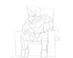 Size: 1280x1024 | Tagged: safe, artist:marauder6272, king sombra, anthro, unguligrade anthro, g4, clothes, king sombara, monochrome, muscles, partial nudity, sitting, throne, topless