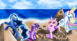 Size: 3061x1664 | Tagged: safe, artist:rose-beuty, princess cadance, princess celestia, princess luna, twilight sparkle, alicorn, pony, g4, alicorn tetrarchy, female, folded wings, mare, sandcastle, sisters-in-law, twilight sparkle (alicorn), wings