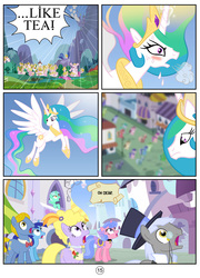 Size: 800x1109 | Tagged: safe, artist:mister-saugrenu, caesar, count caesar, lyra heartstrings, lyrica lilac, minuette, perfect pace, princess celestia, royal ribbon, g4, adventure in the comments, blushing, canterlot, comedy, comic, crowd, flying, frown, open mouth, pettiness in the comments, princess celestia hates tea, shocked, spread wings, sweat, wide eyes