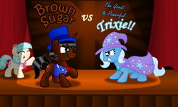 Size: 2000x1200 | Tagged: safe, artist:aleximusprime, coco pommel, trixie, oc, oc:brownsugar the magician, g4