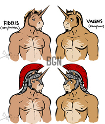 Size: 762x900 | Tagged: safe, artist:bgn, oc, oc:fidelis, oc:valens, unicorn, anthro, helmet, male, muscles, portrait, royal guard