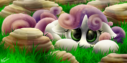 Size: 3000x1500 | Tagged: safe, artist:symbianl, sweetie belle, g4, cute, female, floppy ears, hiding, looking at you, solo