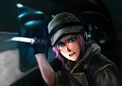 Size: 4242x3000 | Tagged: safe, artist:tiger-type, pinkie pie, human, g4, angry, attack, battlefield, clothes, cutie mark, engineer, female, gloves, humanized, knife, looking at you, military, soldier, solo, this will end in death, uniform, vest, war face
