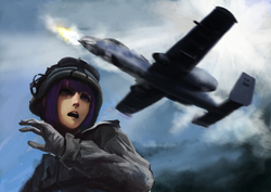 Size: 4242x3000 | Tagged: safe, artist:tiger-type, twilight sparkle, human, g4, a-10 thunderbolt ii, brrrrt, clothes, female, frown, gau-8, helmet, humanized, looking up, military, open mouth, plane, sky, soldier, solo, uniform