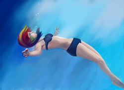 Size: 3467x2514 | Tagged: dead source, safe, artist:tiger-type, rainbow dash, human, g4, armpits, bikini, bubble, clothes, female, floating, high res, humanized, solo, swimsuit, underwater