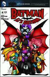 Size: 628x960 | Tagged: safe, artist:ponygoddess, applejack, fluttershy, pinkie pie, rainbow dash, rarity, twilight sparkle, earth pony, pegasus, pony, unicorn, g4, batgirl, batman, batwoman, clothes, costume, crossover, dc comics, nightwing, red robin, robin