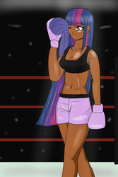 Size: 600x898 | Tagged: safe, artist:whitepulse43, twilight sparkle, human, g4, abs, belly button, boxing, boxing gloves, boxing ring, clothes, dark skin, female, fit, humanized, midriff, shorts, slender, solo, sports bra, sweat, thin, towel, trunks