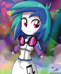 Size: 1784x2162 | Tagged: safe, artist:the-butch-x, dj pon-3, vinyl scratch, equestria girls, g4, blushing, clothes, cute, female, signature, skirt, smiling, solo, vinylbetes