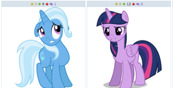 Size: 518x265 | Tagged: safe, artist:bobsicle0, artist:jeatz-axl, trixie, twilight sparkle, alicorn, pony, derpibooru, g4, exploitable meme, female, floppy ears, juxtaposition, juxtaposition win, lesbian, mare, meme, meta, ship:twixie, shipping, stare down, twilight sparkle (alicorn)