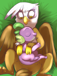 Size: 1200x1600 | Tagged: safe, artist:imsokyo, gilda, spike, griffon, daily sleeping spike, g4, annoyed, cuddling, eyes closed, frown, gilda is not amused, glare, non-consensual cuddling, on back, ship:spilda, sleeping, smiling, snuggling, tumblr, wide eyes