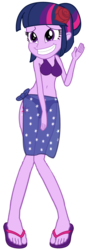 Size: 2086x5843 | Tagged: safe, artist:kevintoons915, edit, twilight sparkle, human, equestria girls, g4, adorkable, alternate hairstyle, belly button, bikini, breasts, bun, clothes, cute, dork, embarrassed, feet, female, gritted teeth, high res, rose, sandals, sarong, show accurate, simple background, solo, swimsuit, teeth, transparent background, vector, waving